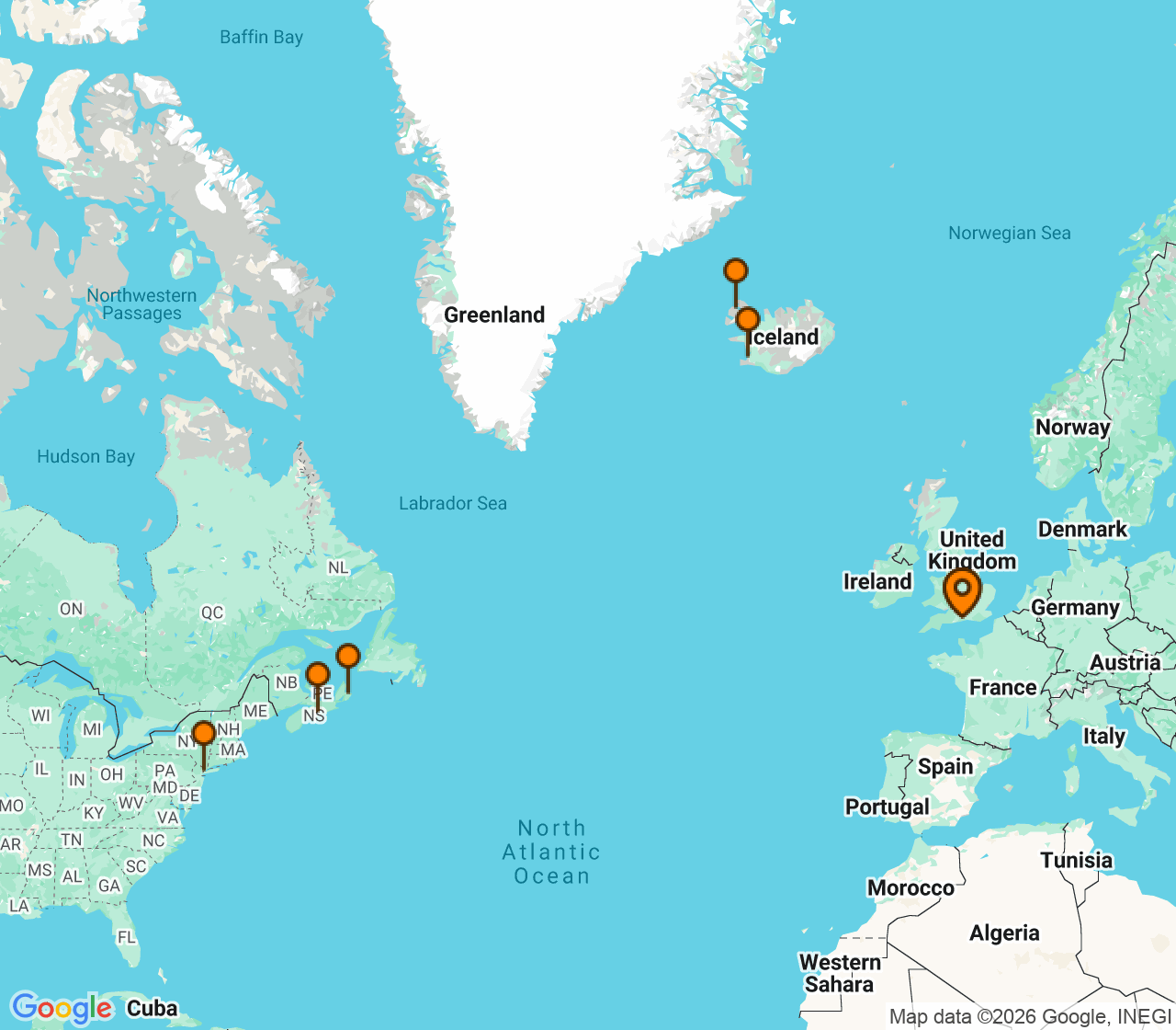 Harta itinerariu Croaziera 2028 - Europa de Nord (Southampton, Anglia) - Cunard Line - Queen Mary 2 - 21 nopti