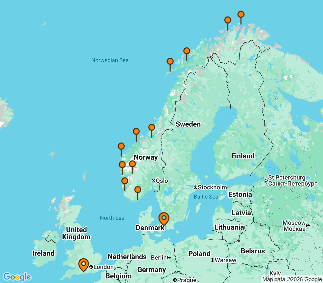 Harta itinerariu Croaziera 2027 - Europa de Nord (Copenhaga, Danemarca) - Regent Seven Seas Cruises - Seven Seas Voyager - 18 nopti