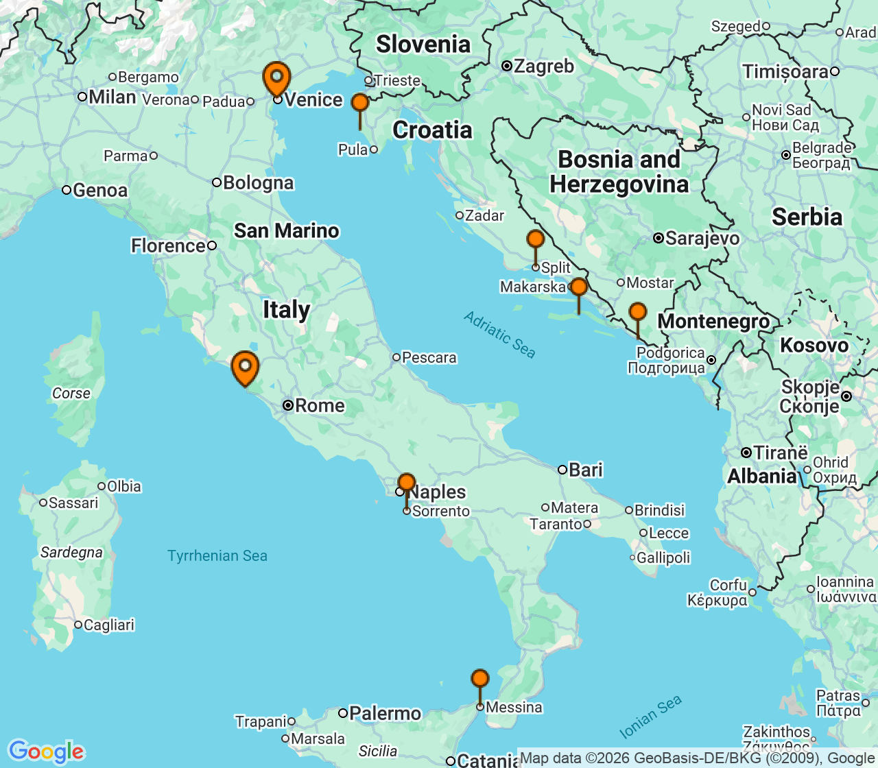 Harta itinerariu Croaziera 2028 - Mediterana (Venetia, Italia) - Windstar Cruises - Wind Spirit - 9 nopti
