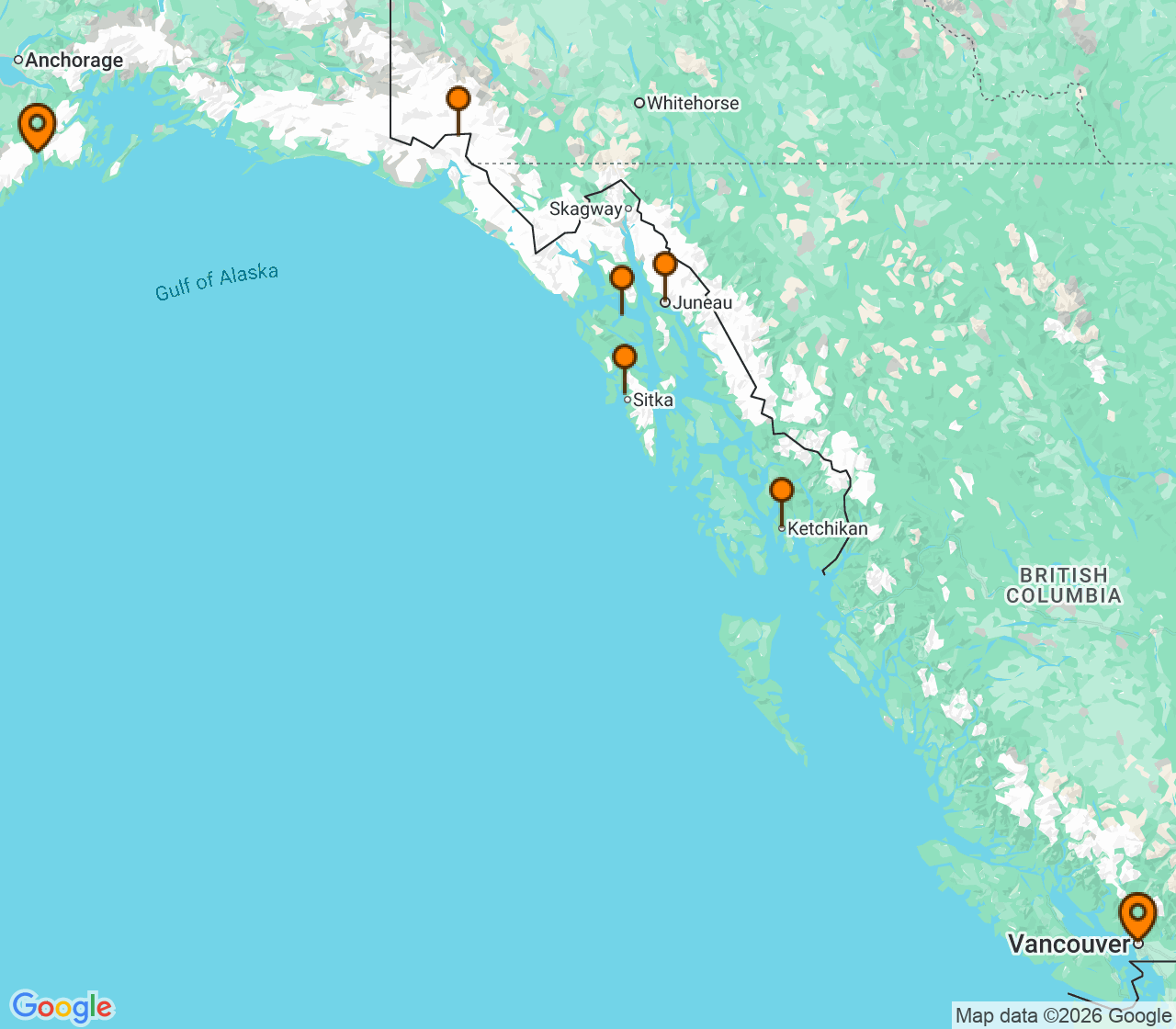 Harta itinerariu Croaziera 2028 - Alaska (Vancouver, Canada) - Celebrity Cruises - Celebrity Equinox - 7 nopti