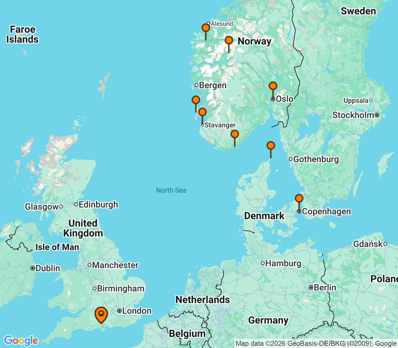 Harta itinerariu Croaziera 2027 - Europa de Nord (Southampton, Anglia) - Princess Cruises - Sky Princess - 14 nopti