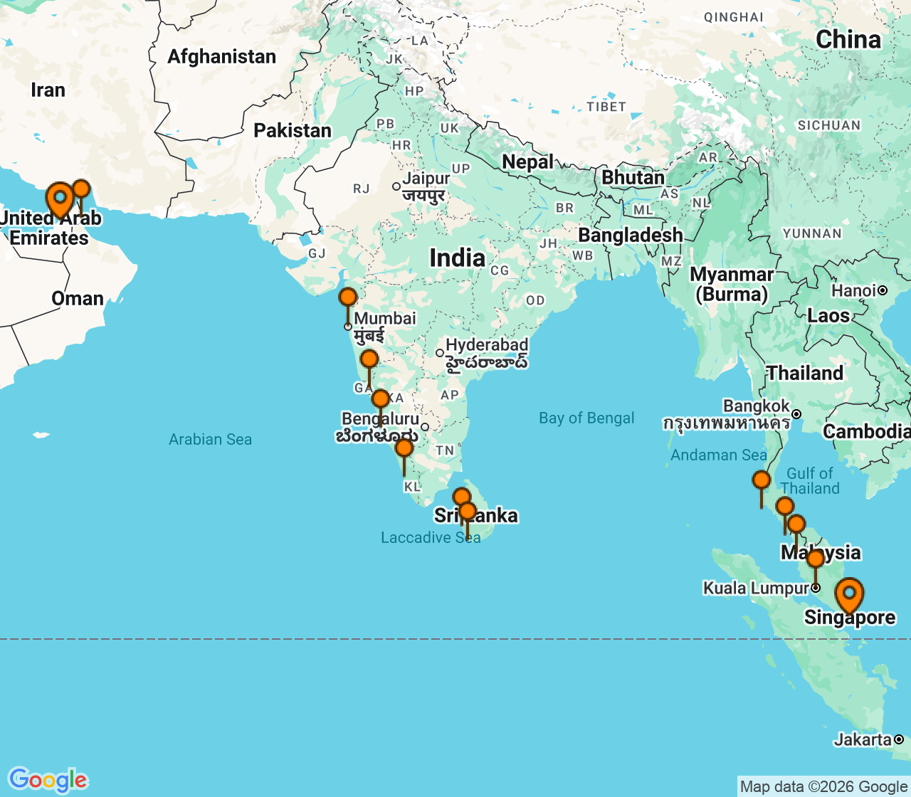 Harta itinerariu Croaziera 2027 - Asia (Orientul Indepartat) (Singapore) - Oceania Cruises - Nautica - 18 nopti