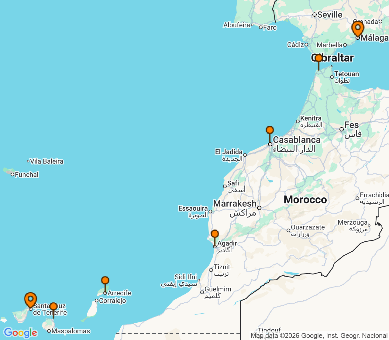 Harta itinerariu Croaziera 2028 - Mediterana (Santa Cruz de Tenerife, Insulele Canare) - Explora Journeys - Explora V - 7 nopti