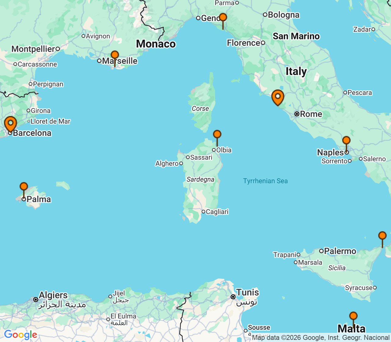 Harta itinerariu Croaziera 2029 - Mediterana (Barcelona, Spania) - Regent Seven Seas Cruises - Seven Seas Voyager - 10 nopti