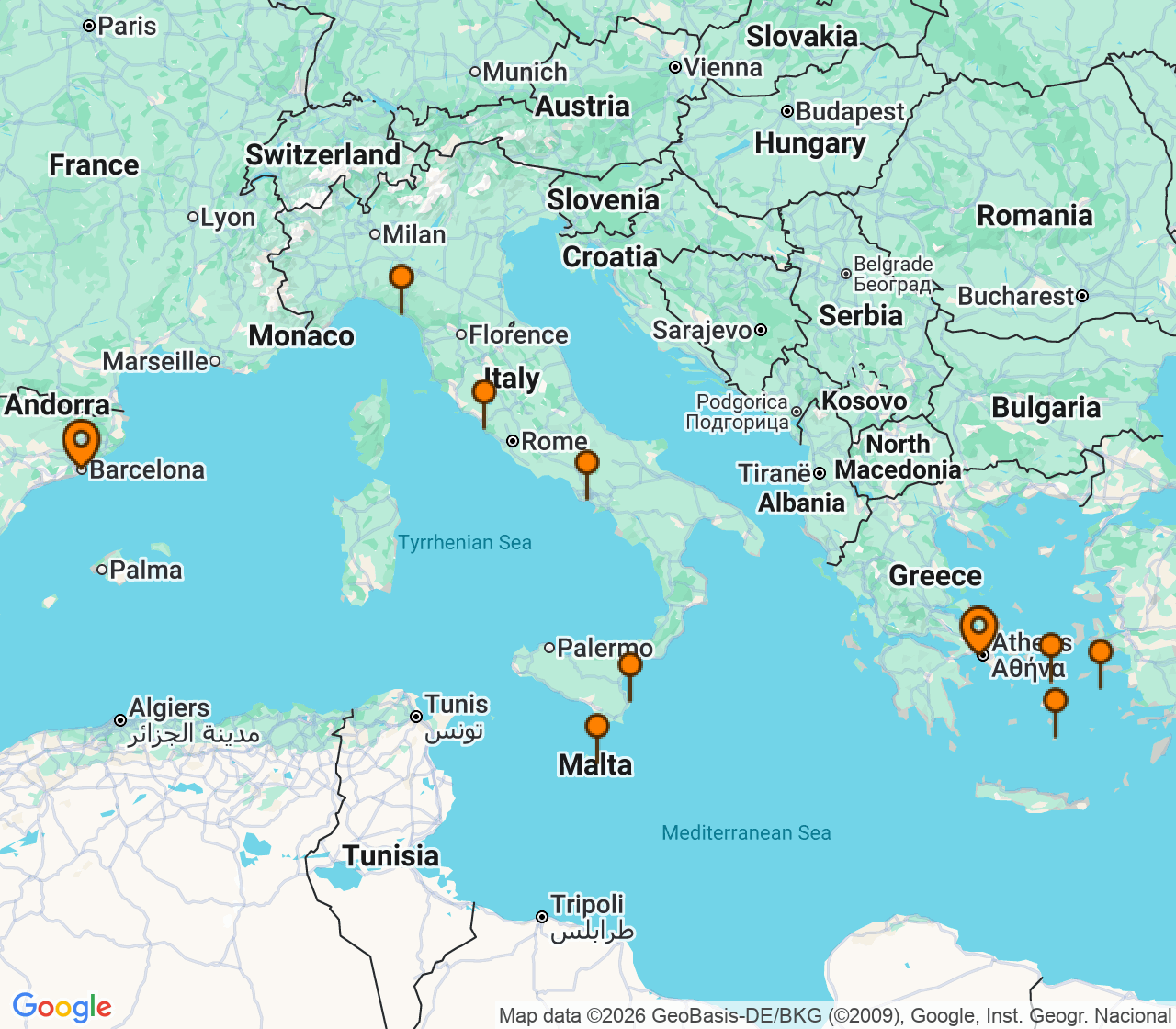 Harta itinerariu Croaziera 2027 - Mediterana (Barcelona, Spania) - Explora Journeys - Explora II - 11 nopti