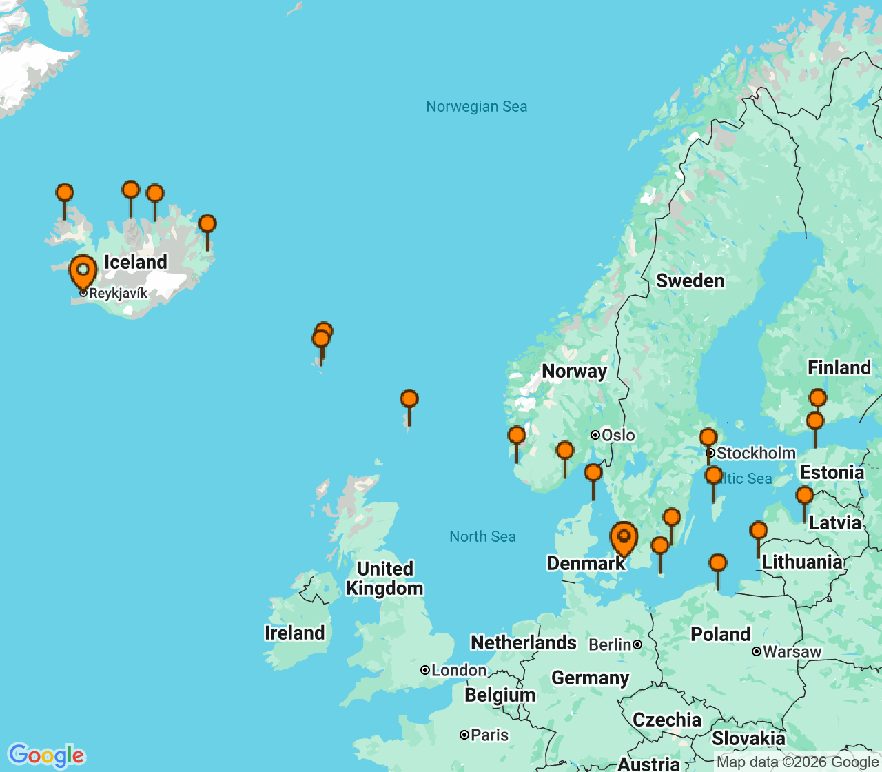 Harta itinerariu Croaziera 2029 - Europa de Nord (Copenhaga, Danemarca) - Seabourn - Seabourn Quest - 24 nopti