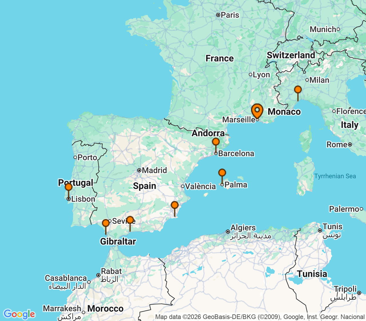 Harta itinerariu Croaziera 2026 - Mediterana (Marseille, Franta) - Costa Cruises - Costa Diadema - 11 nopti