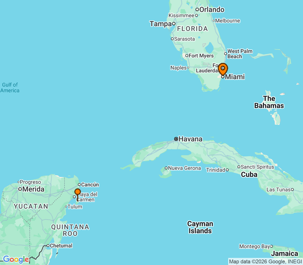 Harta itinerariu Croaziera 2027 - Caraibe si America Centrala (Miami, FL) - Royal Caribbean Cruise Line - Allure Of The Seas - 4 nopti