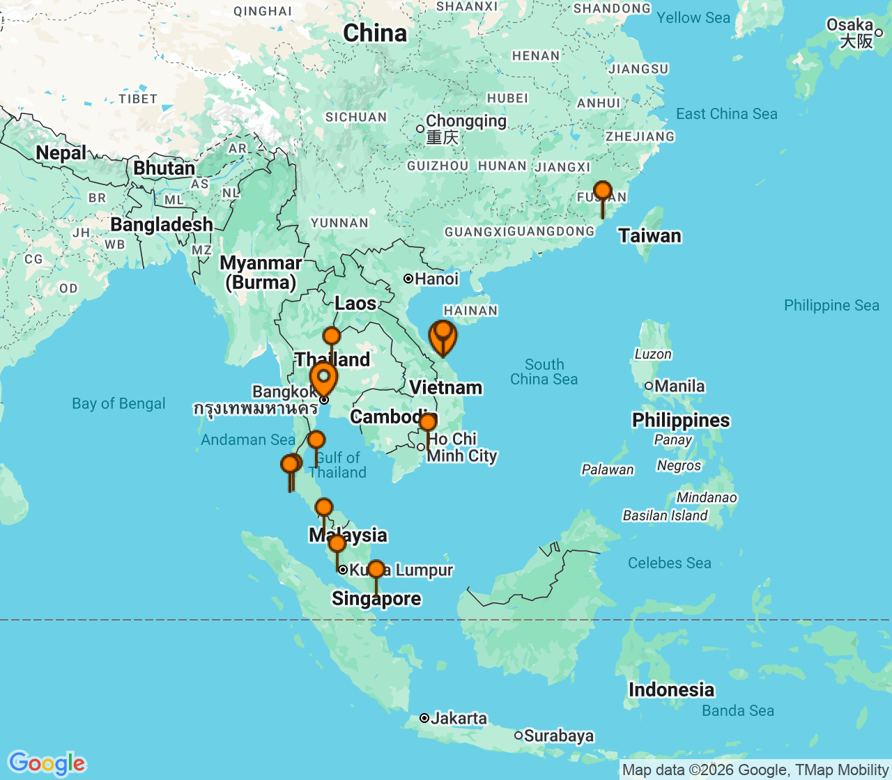 Harta itinerariu Croaziera 2026 - Asia (Orientul Indepartat) (Bangkok, Thailanda) - Windstar Cruises - Star Seeker - 14 nopti