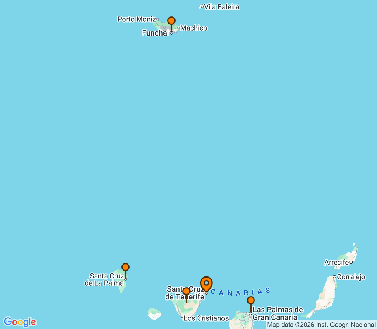 Harta itinerariu Croaziera 2026 - Mediterana (Santa Cruz de Tenerife, Insulele Canare) - Costa Cruises - Costa Smeralda - 7 nopti