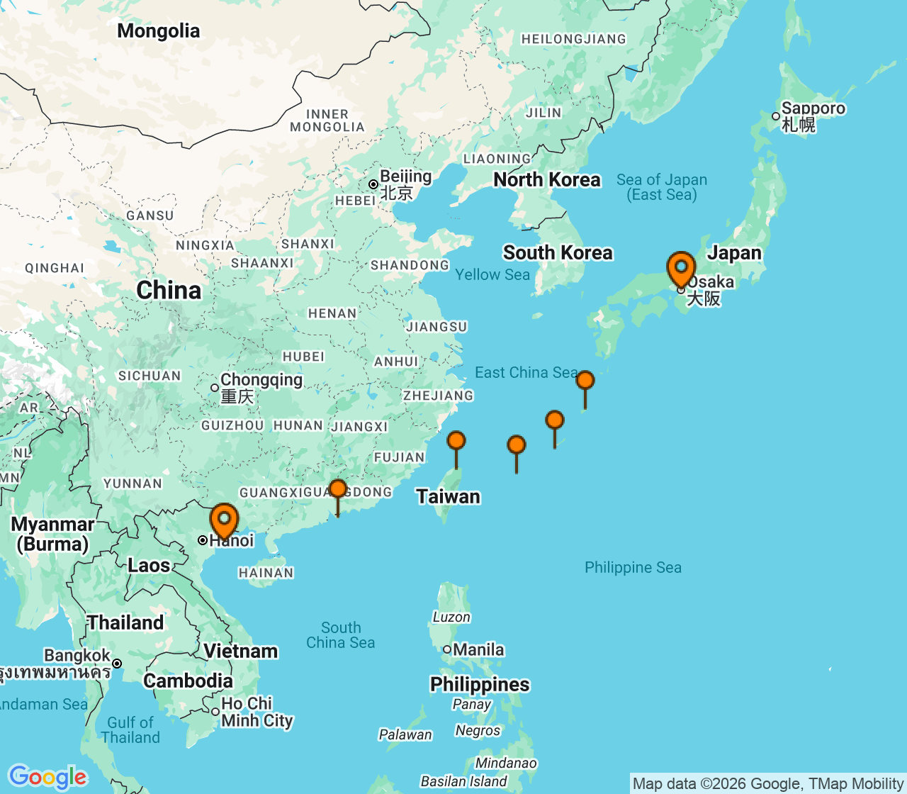 Harta itinerariu Croaziera 2028 - Asia (Orientul Indepartat) (Kansai) - Windstar Cruises - Star Seeker - 12 nopti
