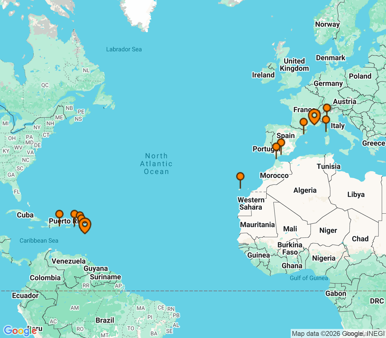 Harta itinerariu Croaziera 2027 - Repozitionari si Transoceanic (Pointe-a-Pitre, Guadalupe) - Costa Cruises - Costa Fascinosa - 20 nopti