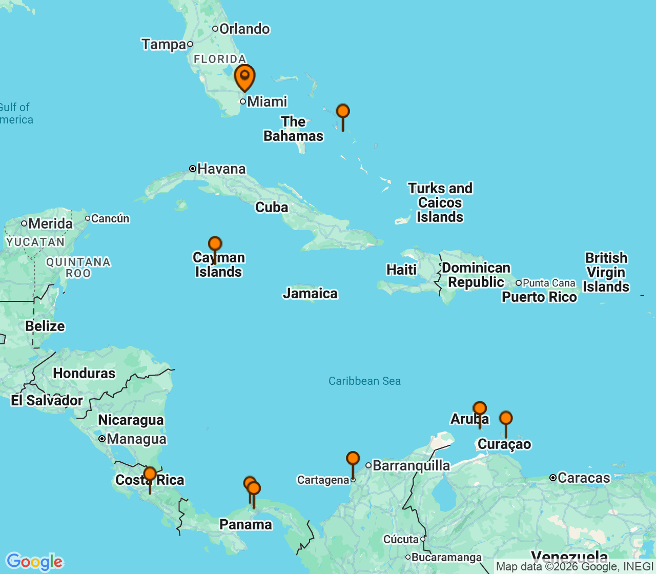 Harta itinerariu Croaziera 2027 - Caraibe si America Centrala (Fort Lauderdale, Florida) - Holland America Line - Oosterdam - 23 nopti