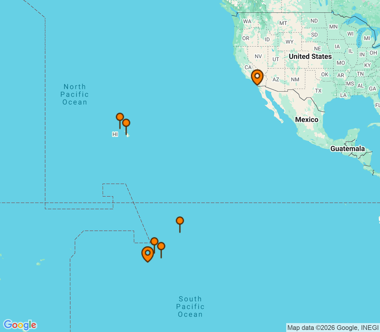 Harta itinerariu Croaziera 2029 - Tahiti si Pacificul de Sud (San Diego, CA) - Silversea Cruises - Silver Whisper - 18 nopti