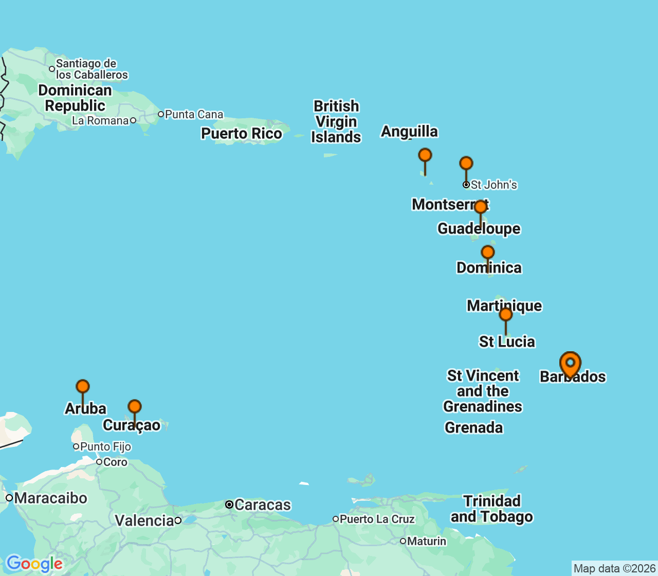 Harta itinerariu Croaziera 2028 - Caraibe si America Centrala (Bridgetown, Barbados) - Regent Seven Seas Cruises - Seven Seas Grandeur - 10 nopti
