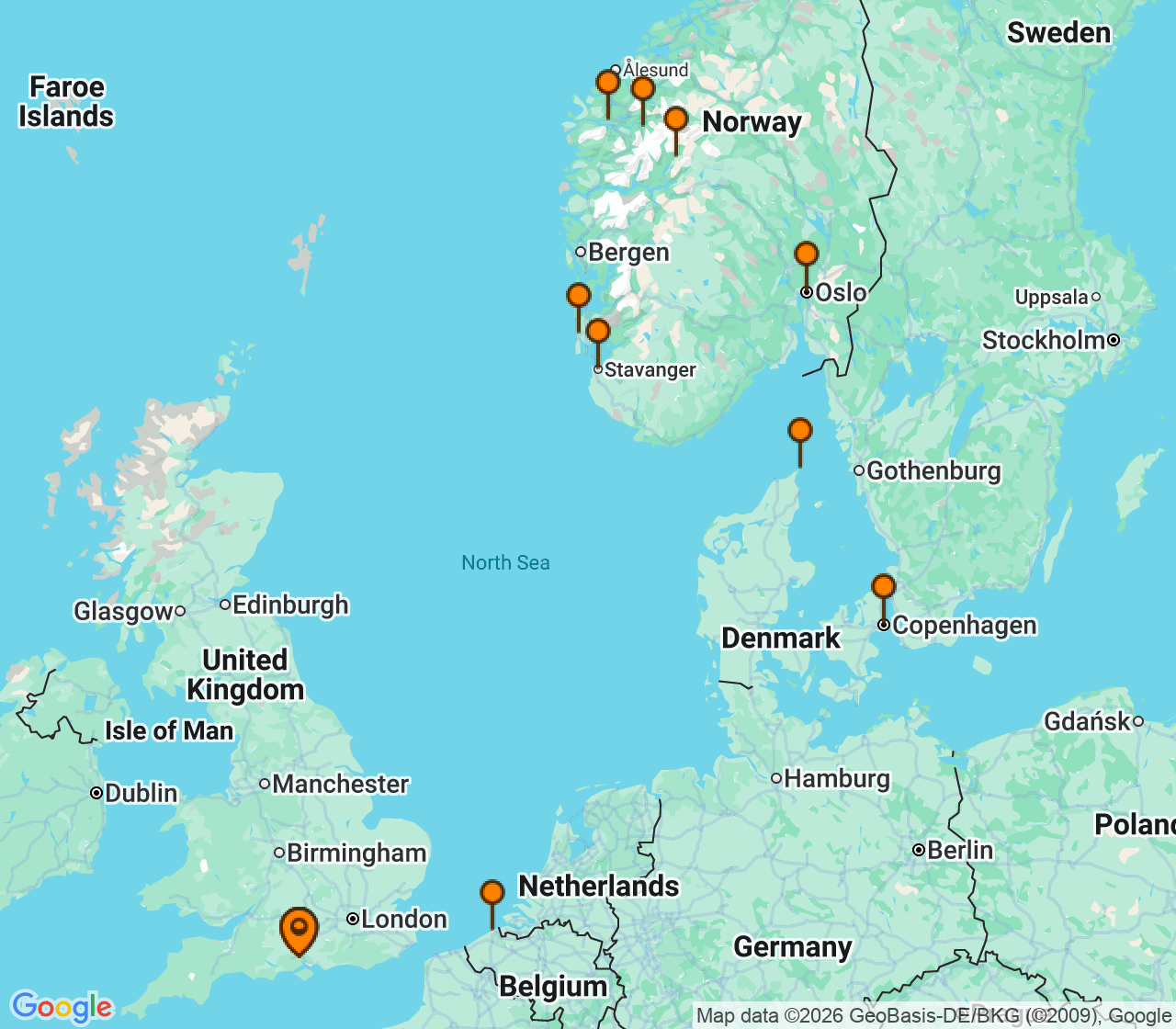 Harta itinerariu Croaziera 2027 - Europa de Nord (Southampton, Anglia) - Princess Cruises - Sky Princess - 14 nopti