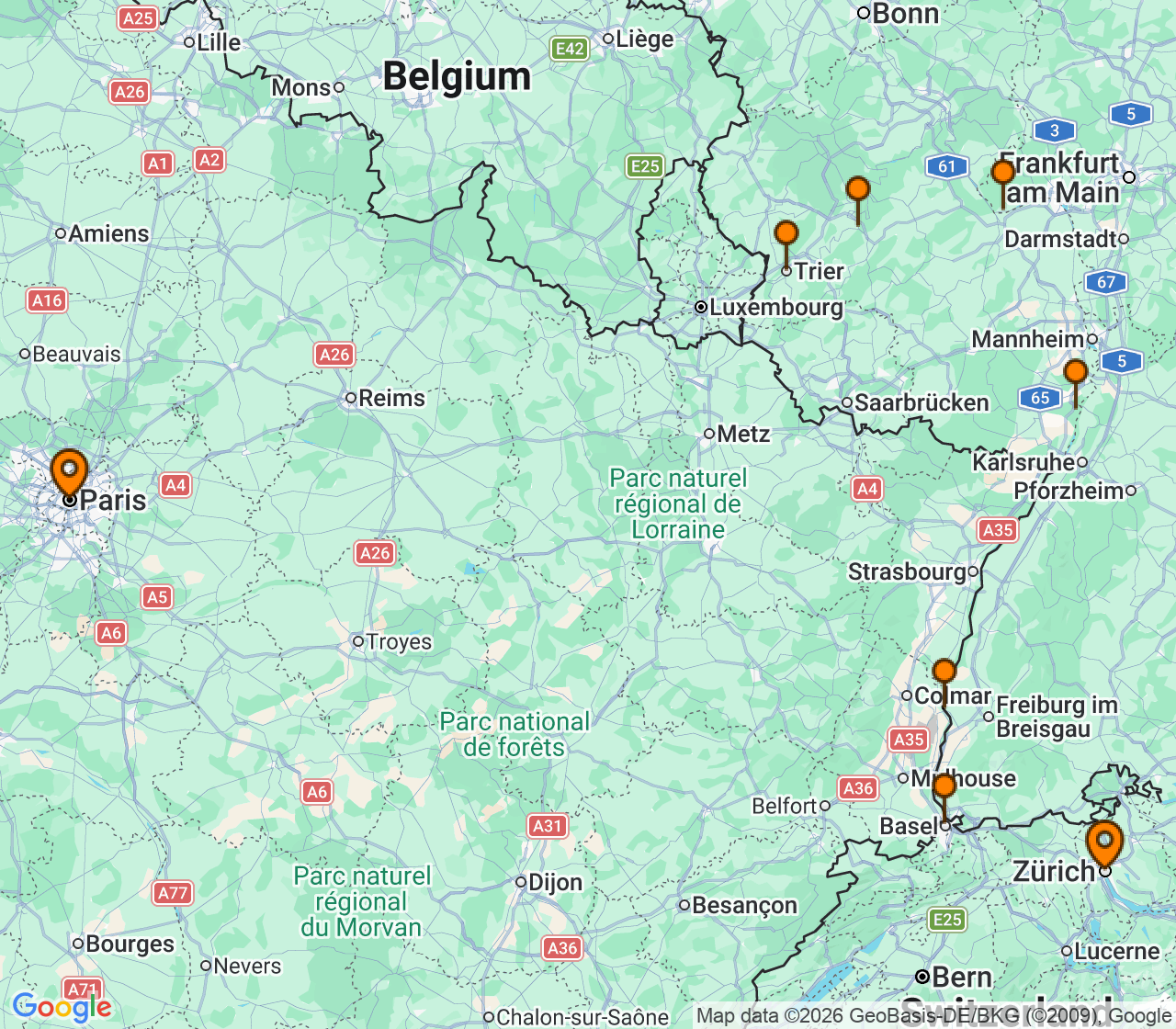 Harta itinerariu Croaziera 2028 - Europa de Nord (Paris, Franta) - Uniworld River Cruises - S.S. Clara - 11 nopti