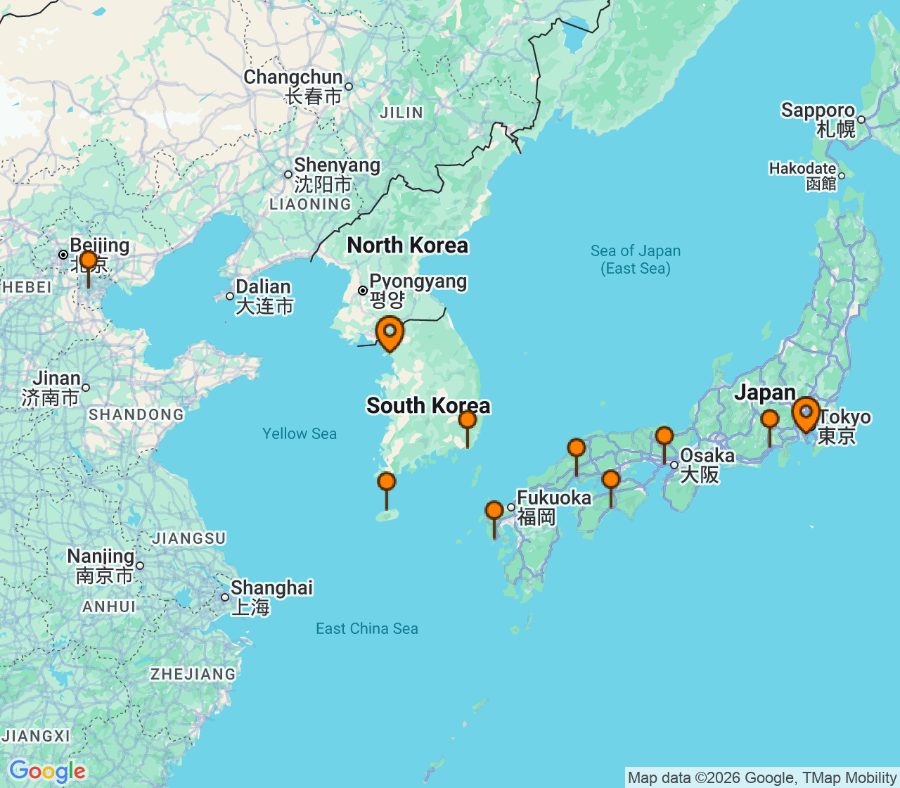 Harta itinerariu Croaziera 2028 - Asia (Orientul Indepartat) (Incheon, Coreea de Sud) - Silversea Cruises - Silver Muse - 15 nopti