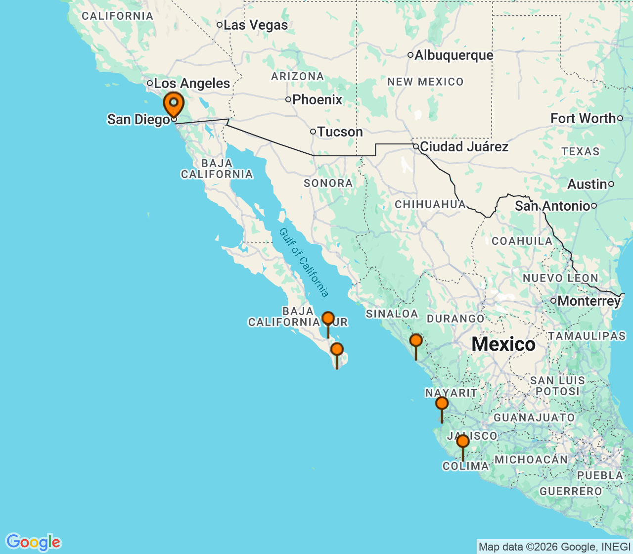 Harta itinerariu Croaziera 2027 - California si Riviera Mexicana (San Diego, CA) - Holland America Line - Koningsdam - 11 nopti