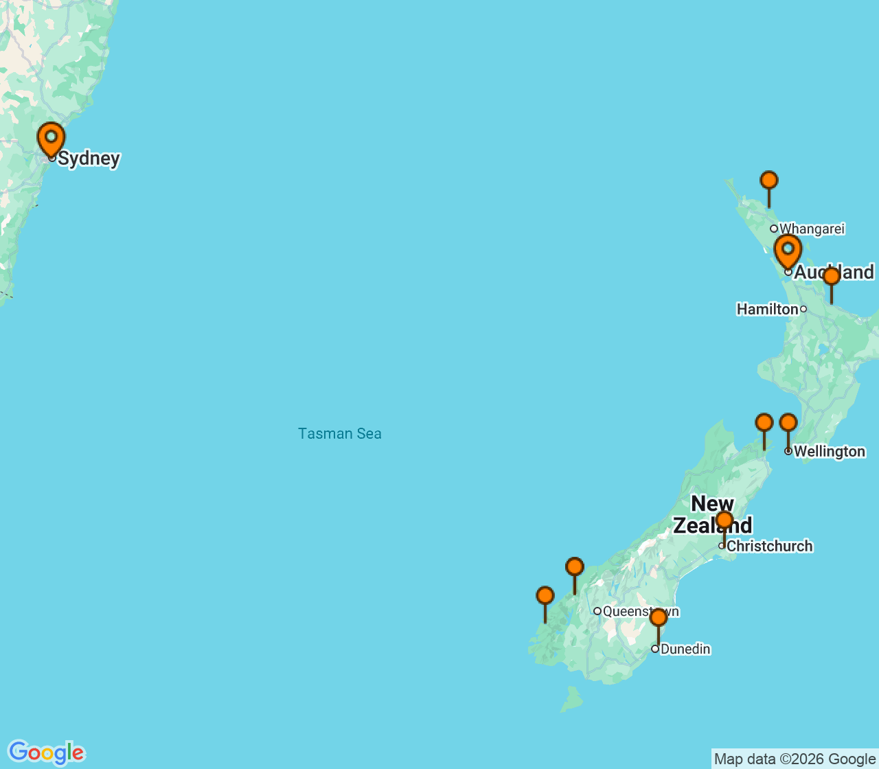 Harta itinerariu Croaziera 2029 - Australia si Noua Zeelanda (Auckland, Noua Zeelanda) - Celebrity Cruises - Celebrity Edge - 11 nopti
