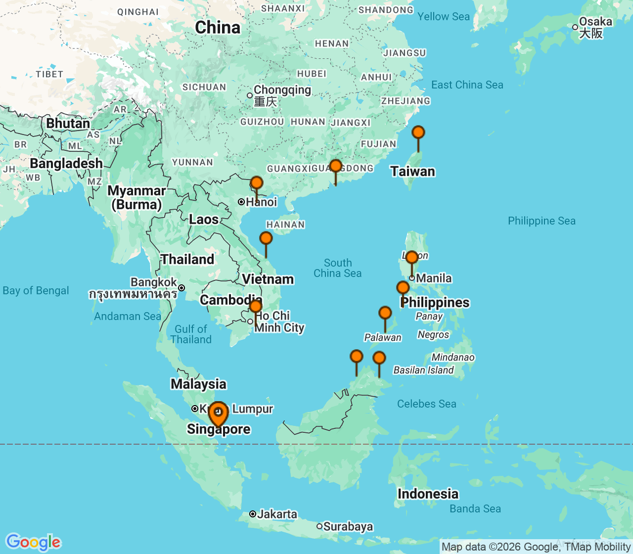 Harta itinerariu Croaziera 2026 - Asia (Orientul Indepartat) (Singapore) - Silversea Cruises - Silver Muse - 28 nopti