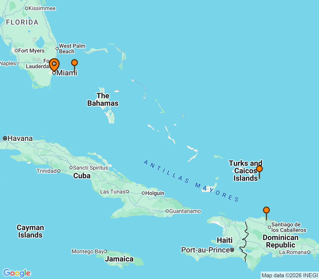 Harta itinerariu Croaziera 2026 - Caraibe si America Centrala (Miami, FL) - Virgin Voyages - Scarlet Lady - 6 nopti