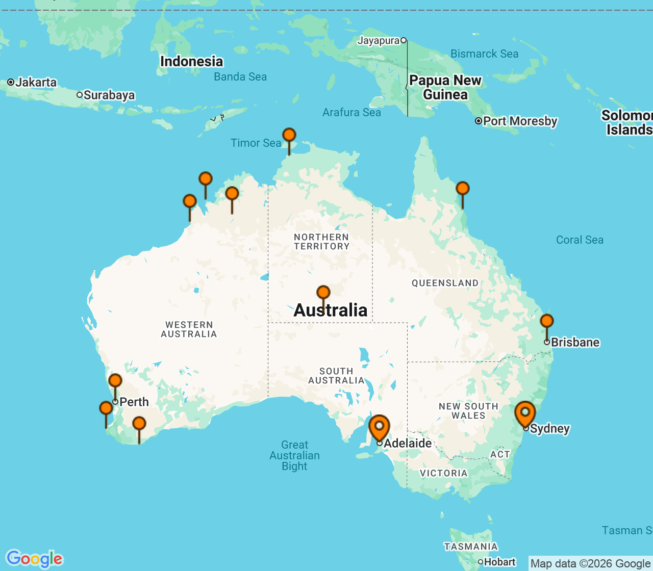 Harta itinerariu Croaziera 2027 - Australia si Noua Zeelanda (Adelaide, Australia) - Princess Cruises - Grand Princess - 22 nopti