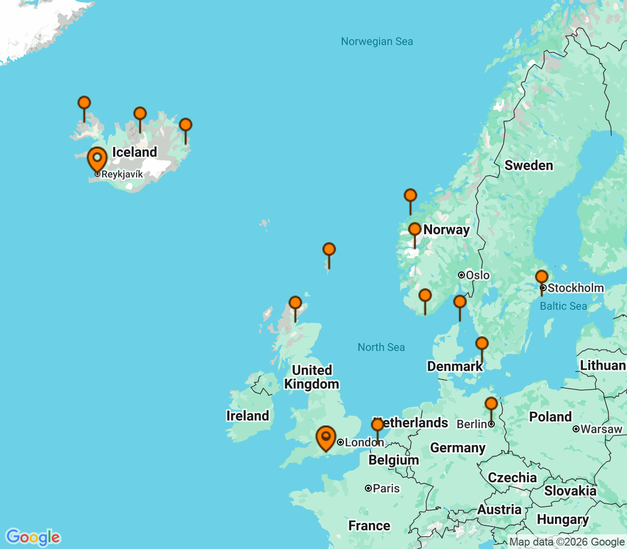 Harta itinerariu Croaziera 2028 - Europa de Nord (Southampton, Anglia) - Oceania Cruises - Vista - 22 nopti