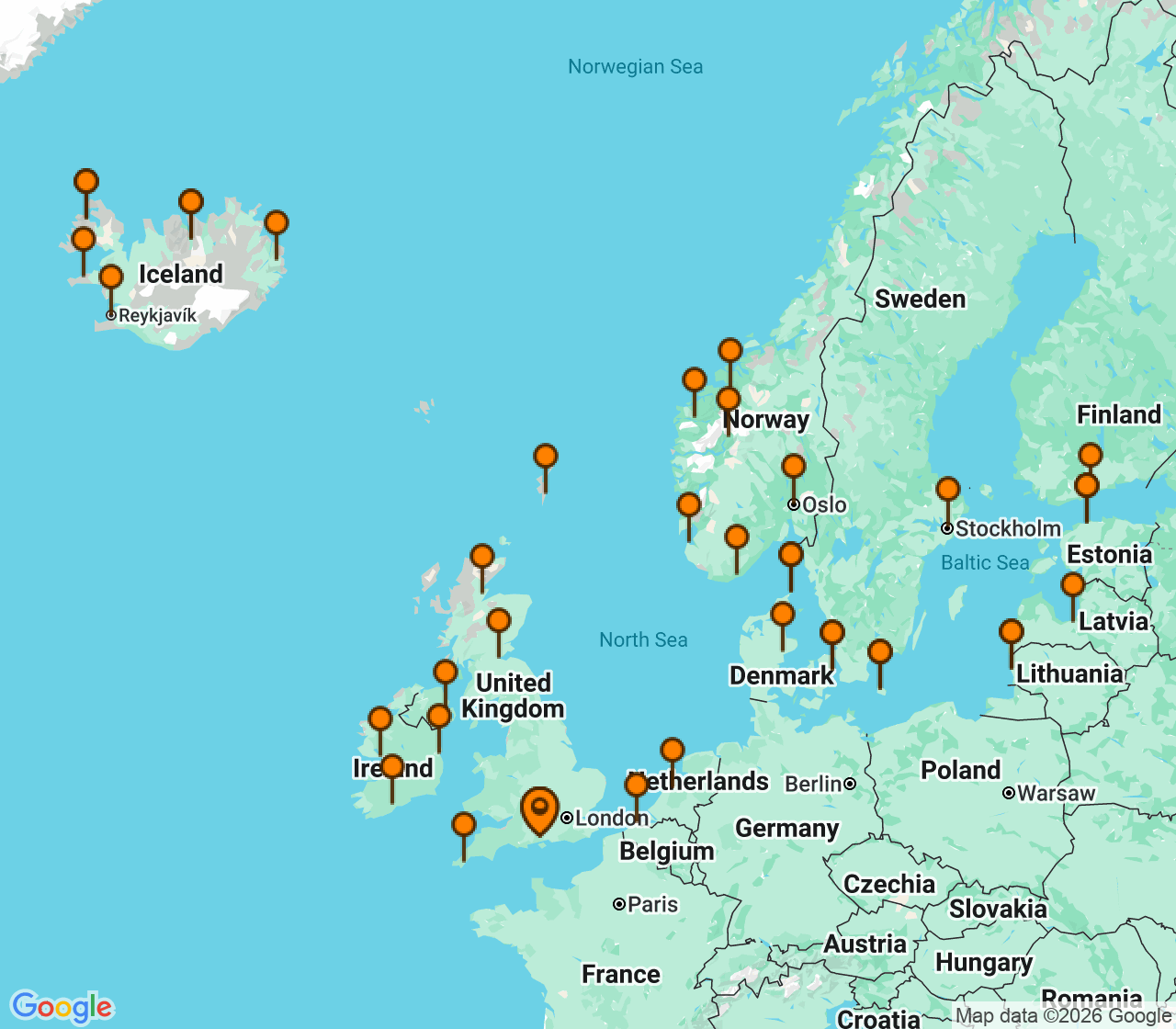 Harta itinerariu Croaziera 2028 - Europa de Nord (Southampton, Anglia) - Princess Cruises - Caribbean Princess - 49 nopti