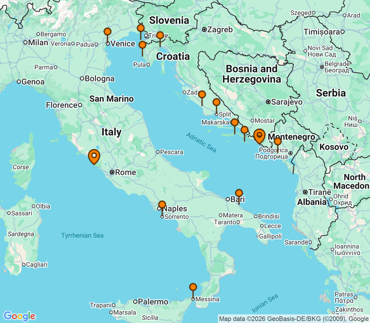 Harta itinerariu Croaziera 2027 - Mediterana (Dubrovnik, Croatia) - Windstar Cruises - Wind Spirit - 16 nopti