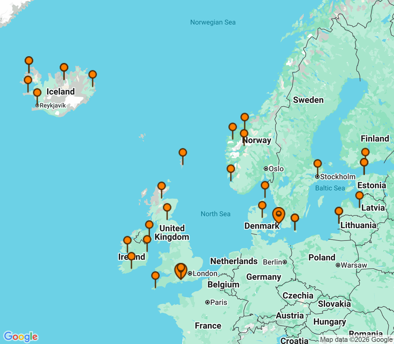 Harta itinerariu Croaziera 2028 - Europa de Nord (Copenhaga, Danemarca) - Princess Cruises - Caribbean Princess - 42 nopti