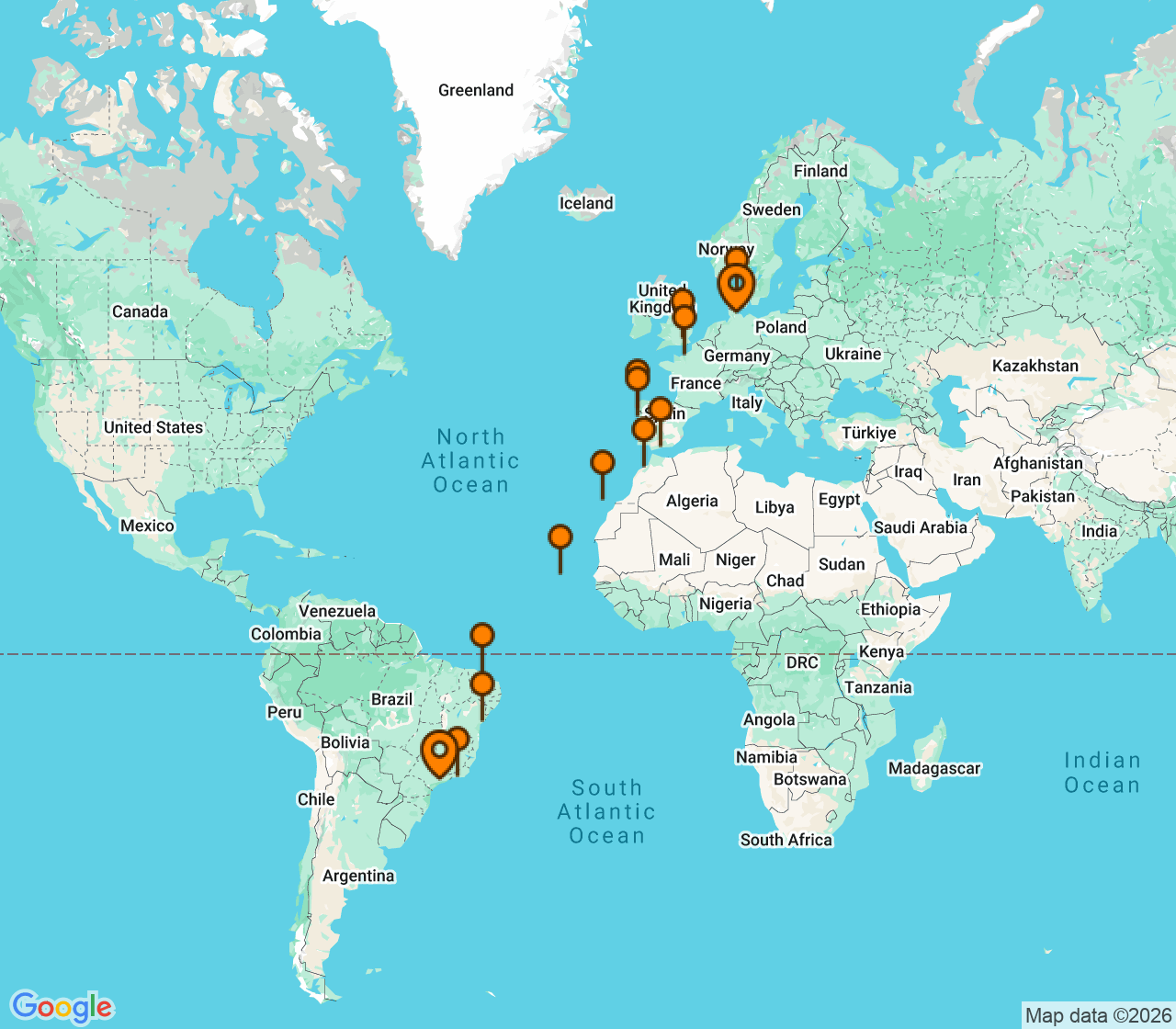 Harta itinerariu Croaziera 2027 - Repozitionari si Transoceanic (Sao Paolo, Brazilia) - Costa Cruises - Costa Diadema - 26 nopti