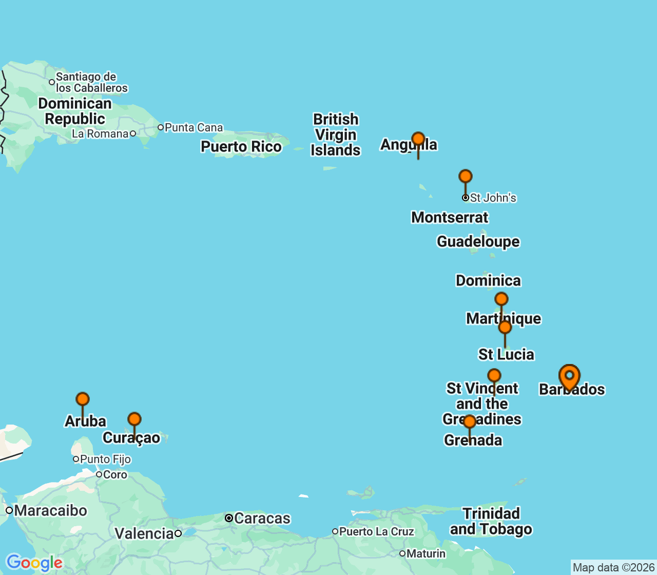 Harta itinerariu Croaziera 2028 - Caraibe si America Centrala (Bridgetown, Barbados) - Silversea Cruises - Silver Spirit - 11 nopti