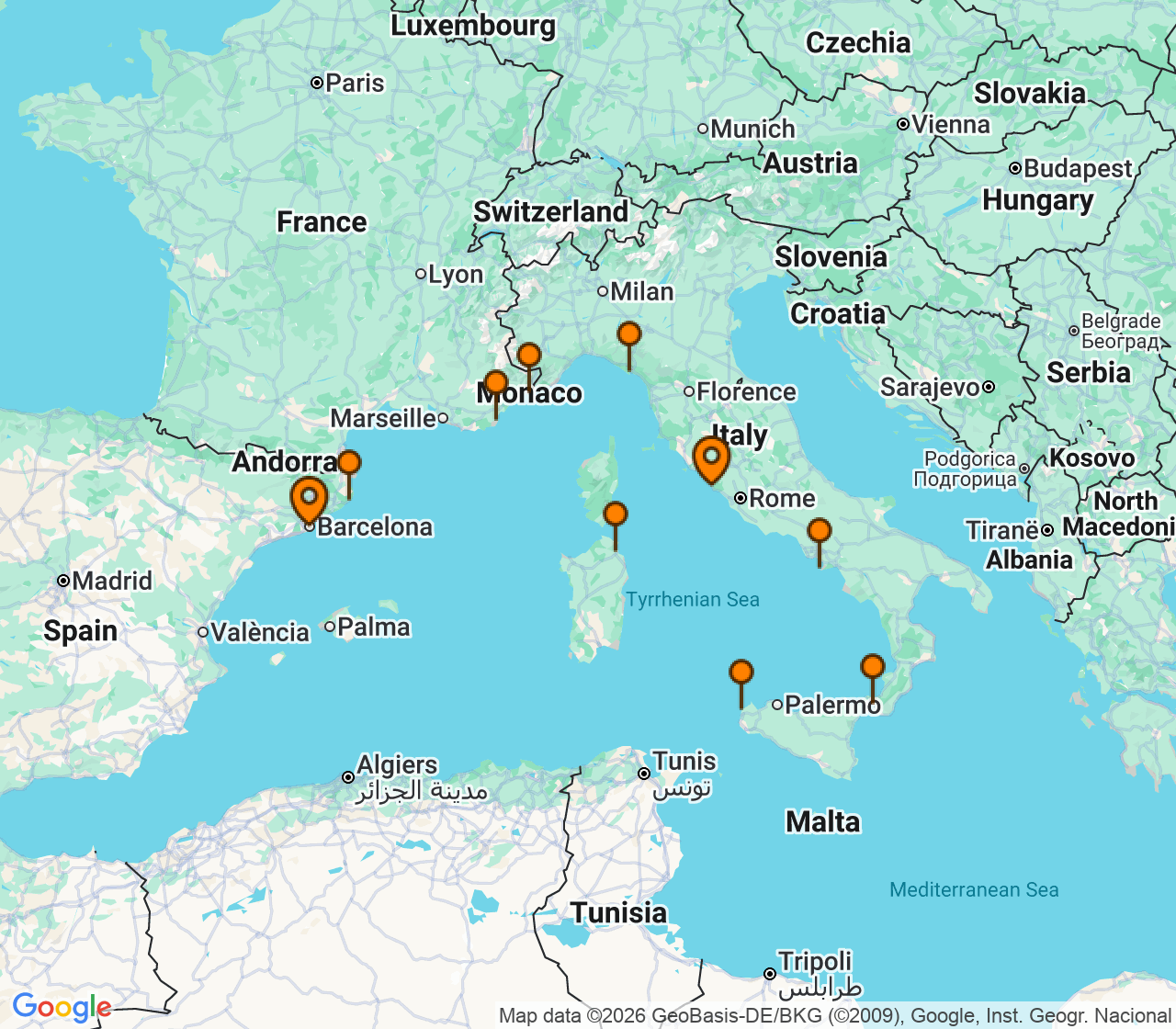Harta itinerariu Croaziera 2027 - Mediterana (Barcelona, Spania) - Regent Seven Seas Cruises - Seven Seas Grandeur - 10 nopti