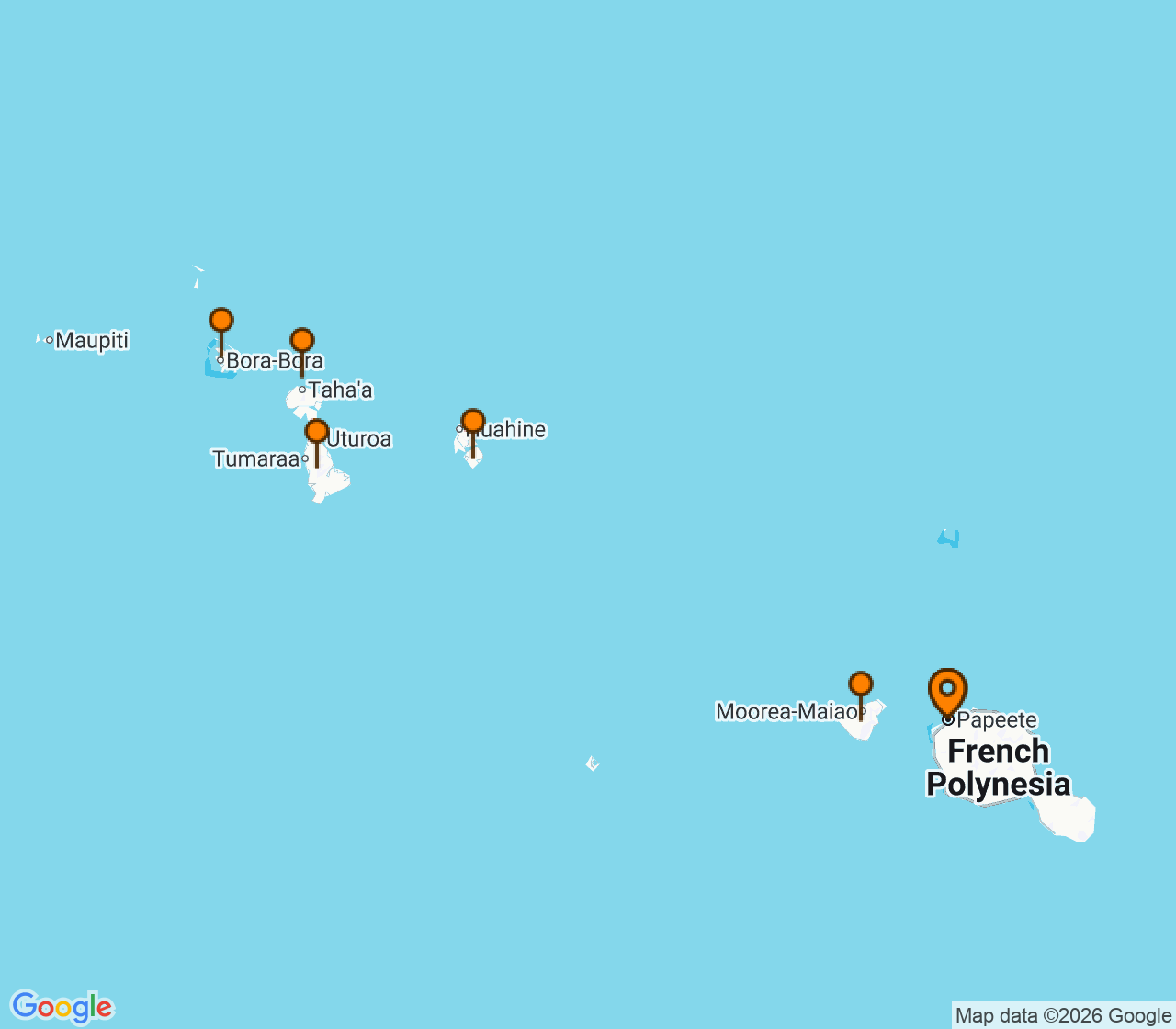 Harta itinerariu Croaziera 2026 - Tahiti si Pacificul de Sud (Papeete, Tahiti, Polinezia Franceza) - Paul Gauguin Cruises - m/s Paul Gauguin - 7 nopti