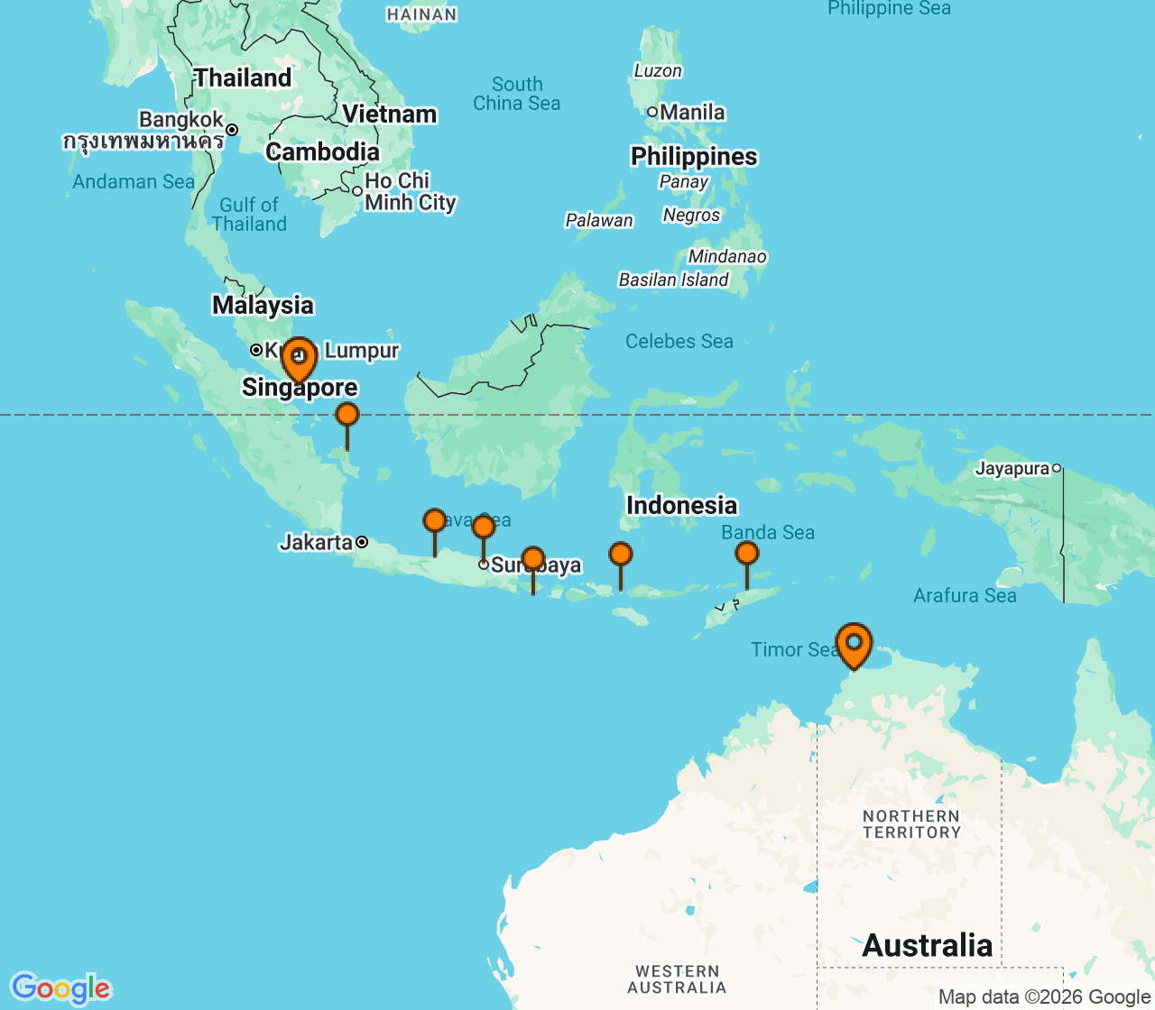 Harta itinerariu Croaziera 2027 - Tahiti si Pacificul de Sud (Singapore) - Paul Gauguin Cruises - m/s Paul Gauguin - 13 nopti