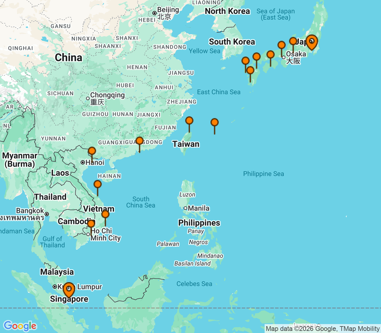 Harta itinerariu Croaziera 2027 - Asia (Orientul Indepartat) (Tokyo (Yokohama), Japonia) - Oceania Cruises - Riviera - 20 nopti