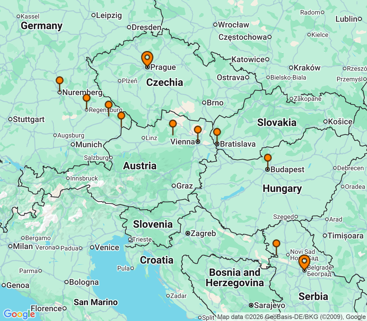 Harta itinerariu Croaziera 2028 - Europa de Nord (Belgrad, Serbia) - Uniworld River Cruises - S.S. Helen - 16 nopti