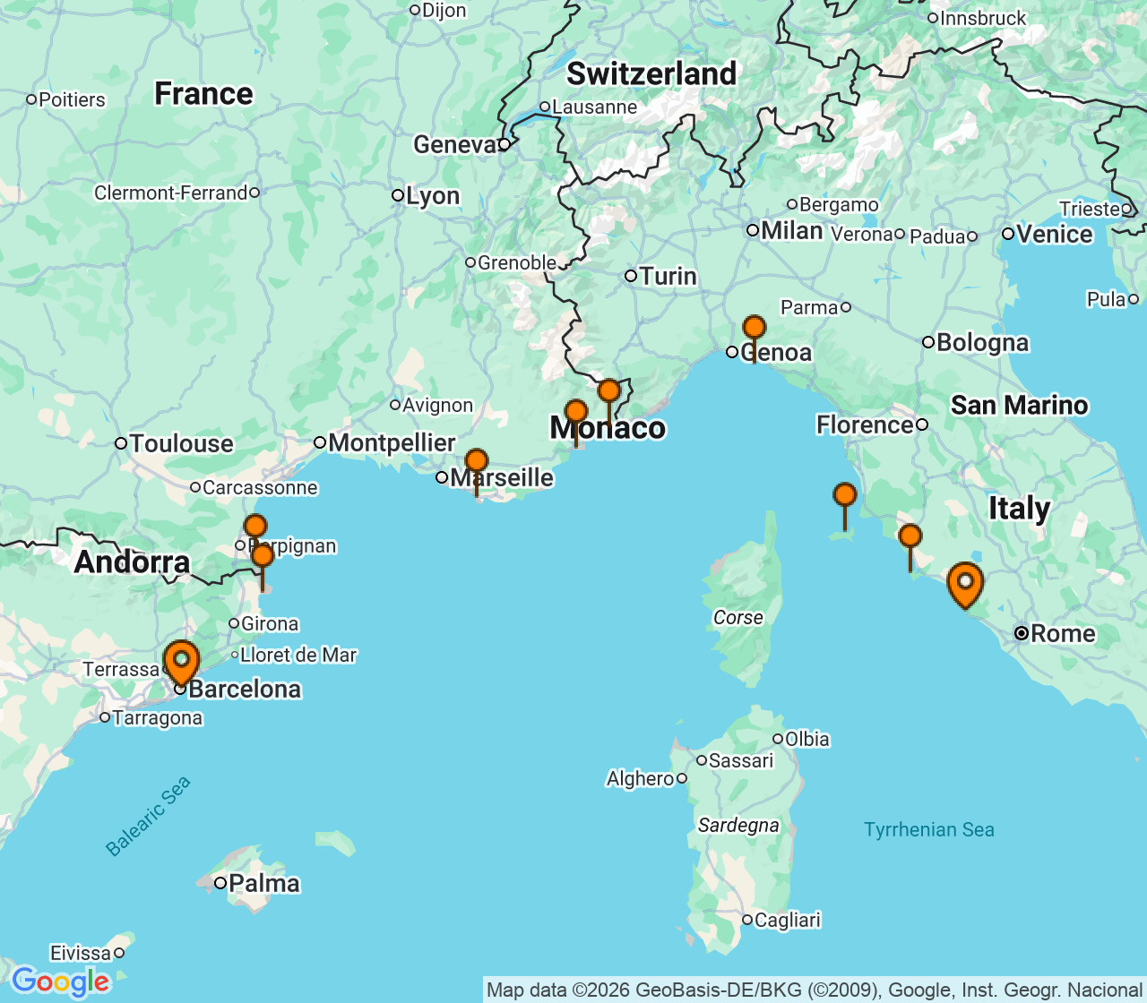 Harta itinerariu Croaziera 2028 - Mediterana (Barcelona, Spania) - Windstar Cruises - Star Explorer - 11 nopti