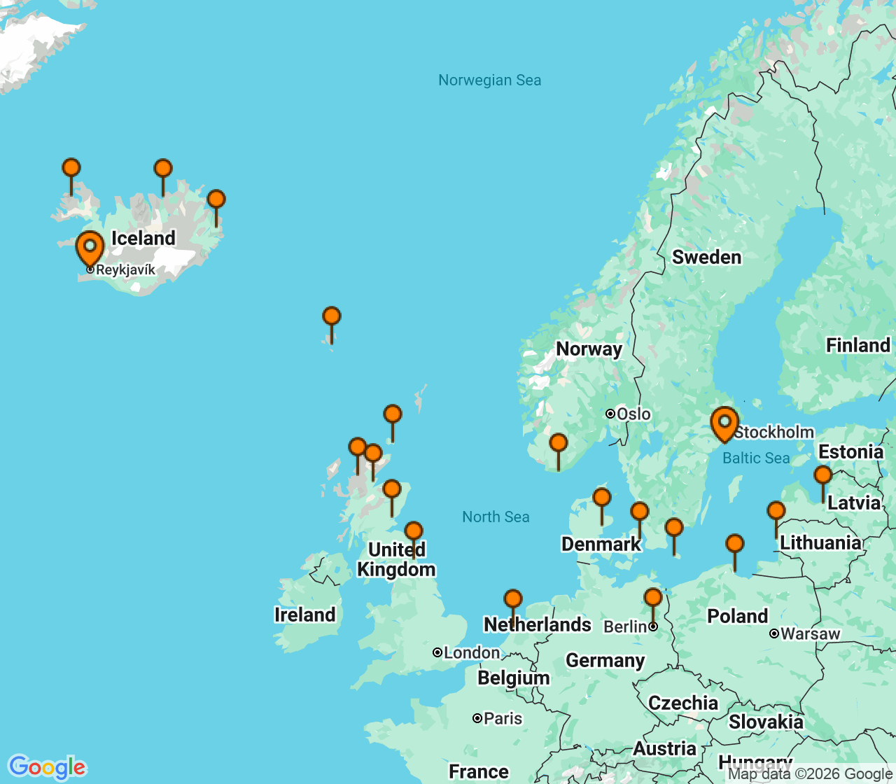 Harta itinerariu Croaziera 2028 - Europa de Nord (Stockholm (Nynashamn), Suedia) - Oceania Cruises - Sonata - 23 nopti