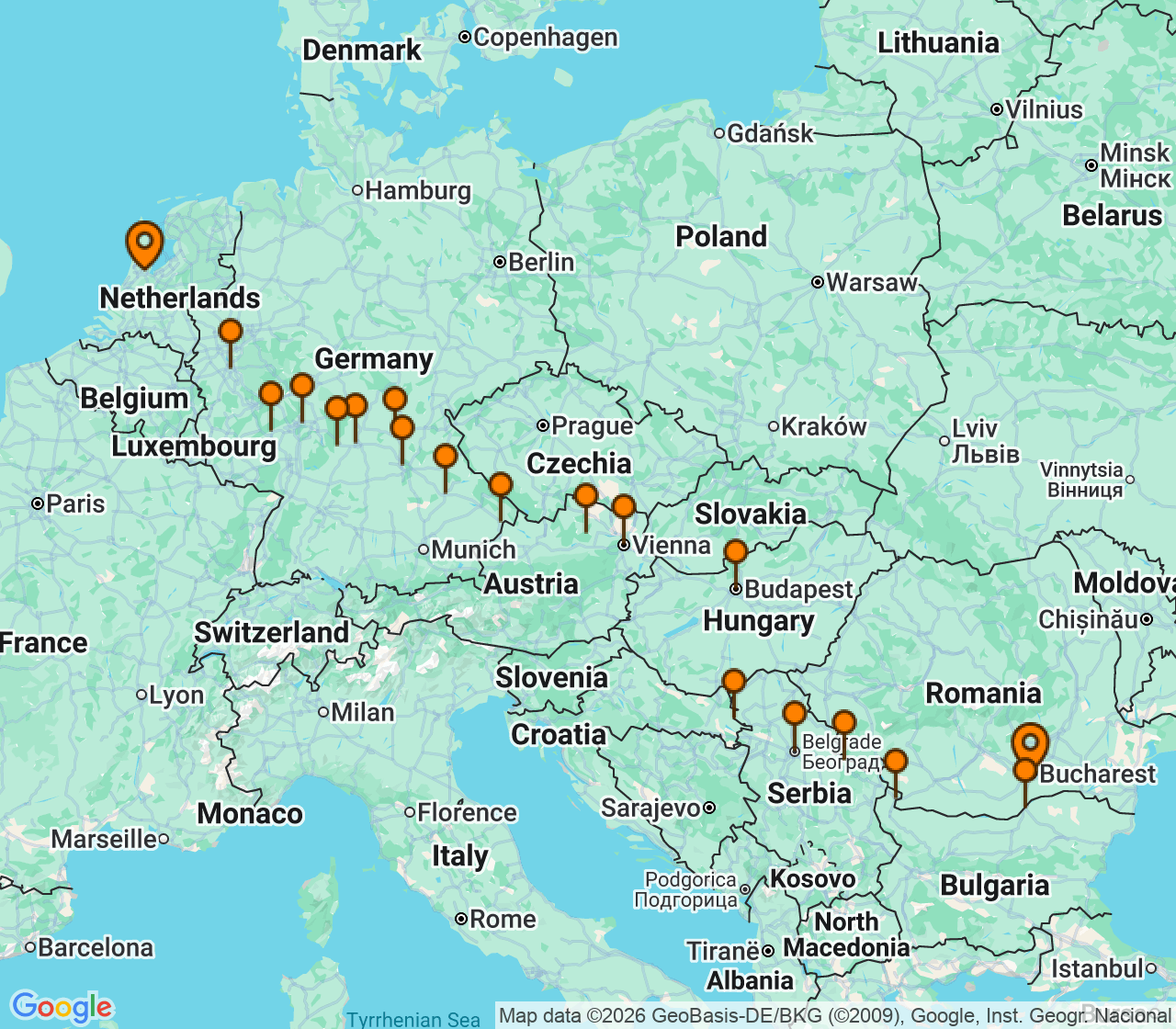 Harta itinerariu Croaziera 2027 - Europa de Nord (Bucuresti, Romania) - Uniworld River Cruises - S.S. Marlene - 23 nopti