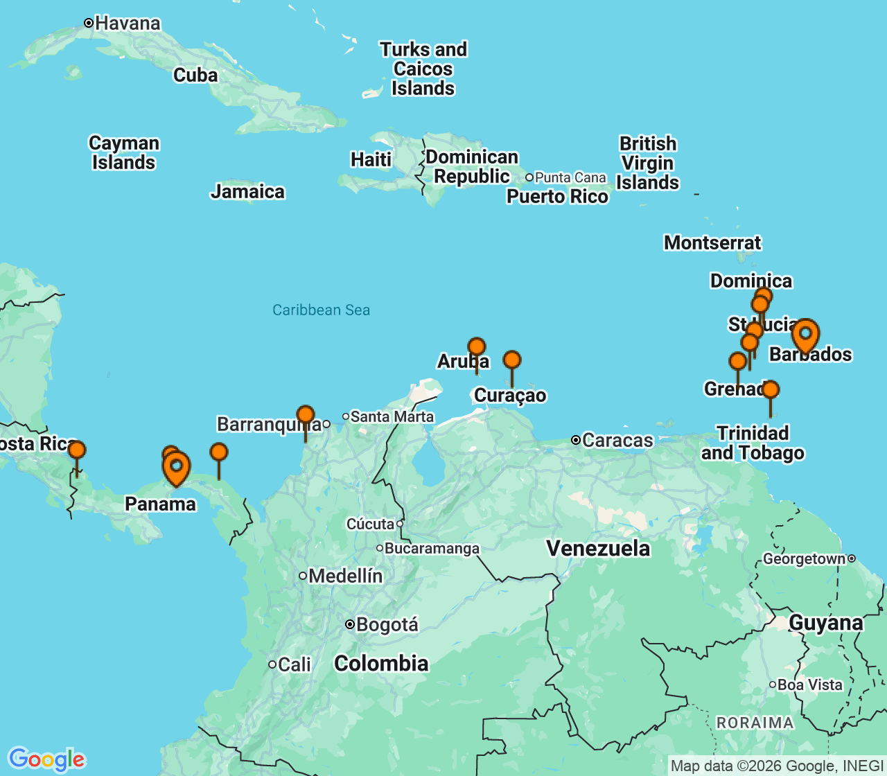 Harta itinerariu Croaziera 2026 - Caraibe si America Centrala (Bridgetown, Barbados) - Windstar Cruises - Star Legend - 16 nopti