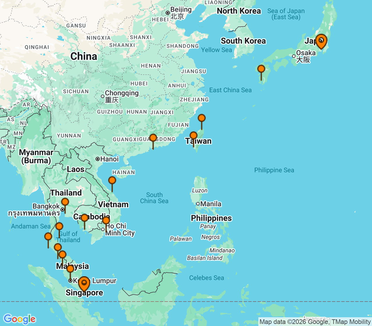 Harta itinerariu Croaziera 2028 - Asia (Orientul Indepartat) (Singapore) - Princess Cruises - Diamond Princess - 26 nopti