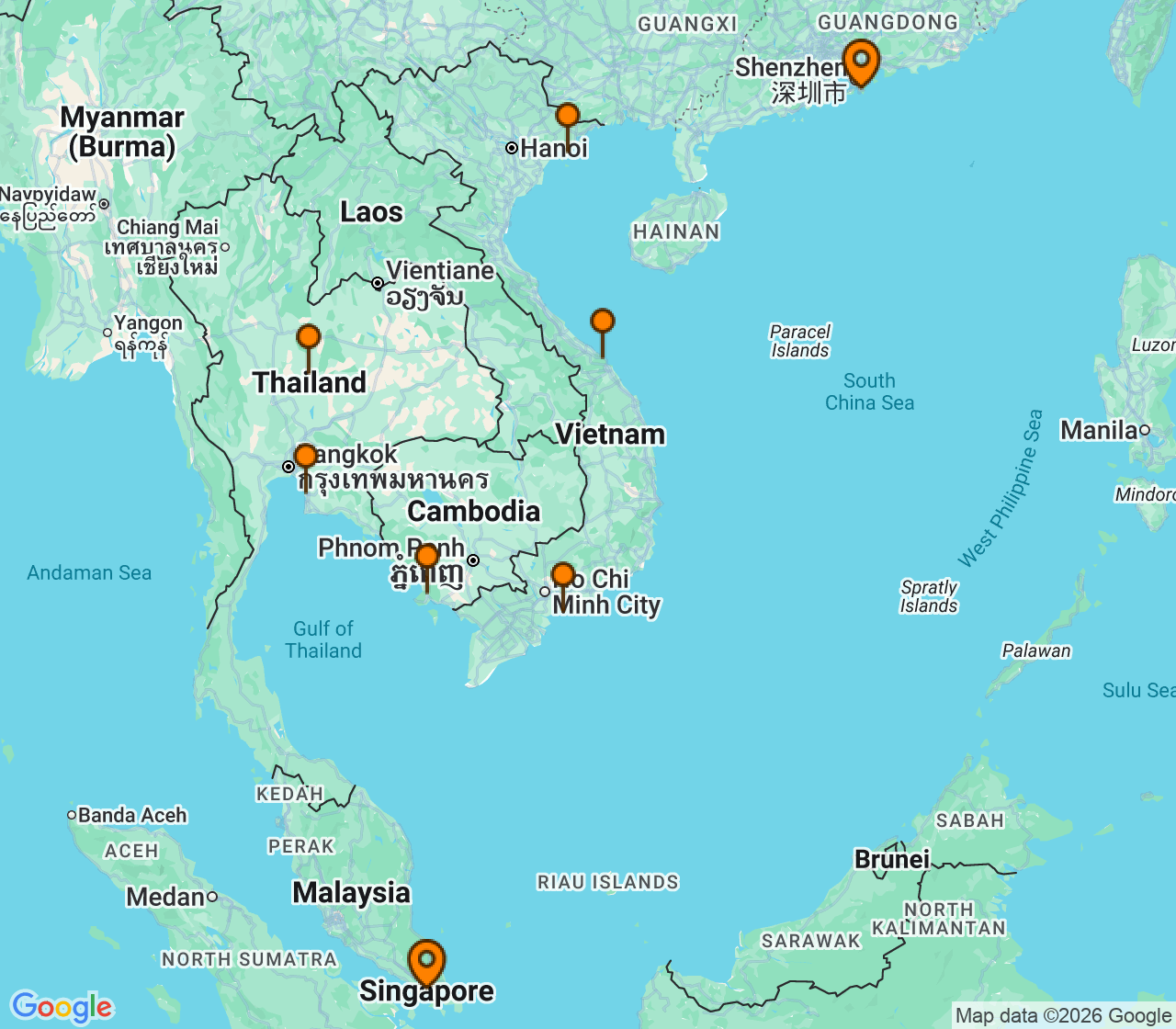 Harta itinerariu Croaziera 2028 - Asia (Orientul Indepartat) (Singapore) - Seabourn - Seabourn Encore - 14 nopti