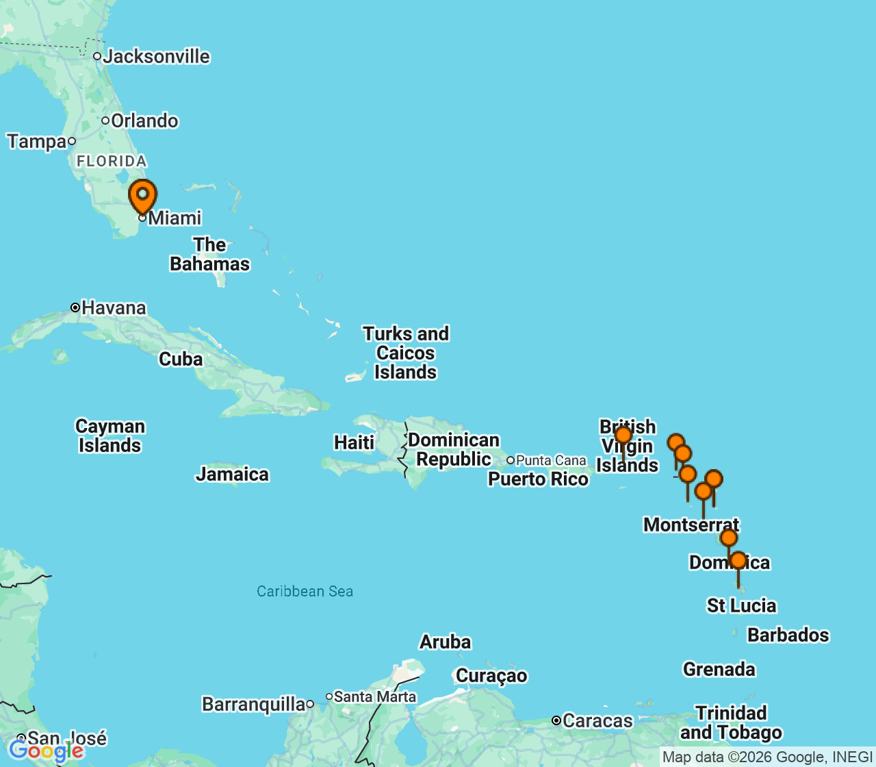 Harta itinerariu Croaziera 2027 - Caraibe si America Centrala (Miami, FL) - Seabourn - Seabourn Quest - 14 nopti