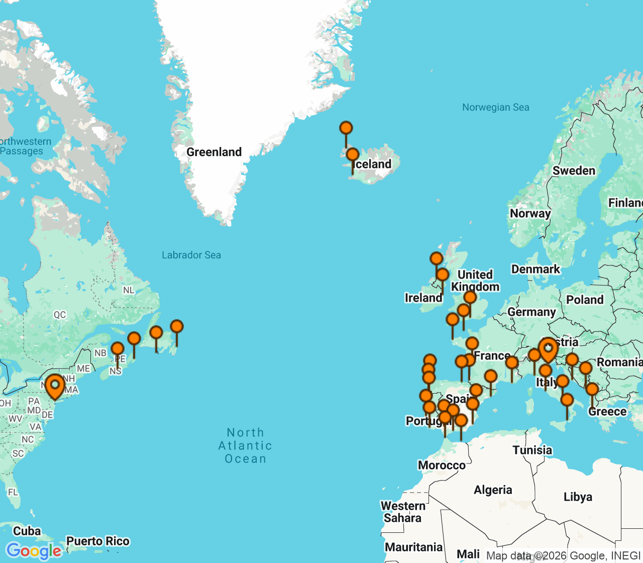 Harta itinerariu Croaziera 2027 - Grand Voyage si Tematice (Venetia, Italia) - Oceania Cruises - Sirena - 43 nopti