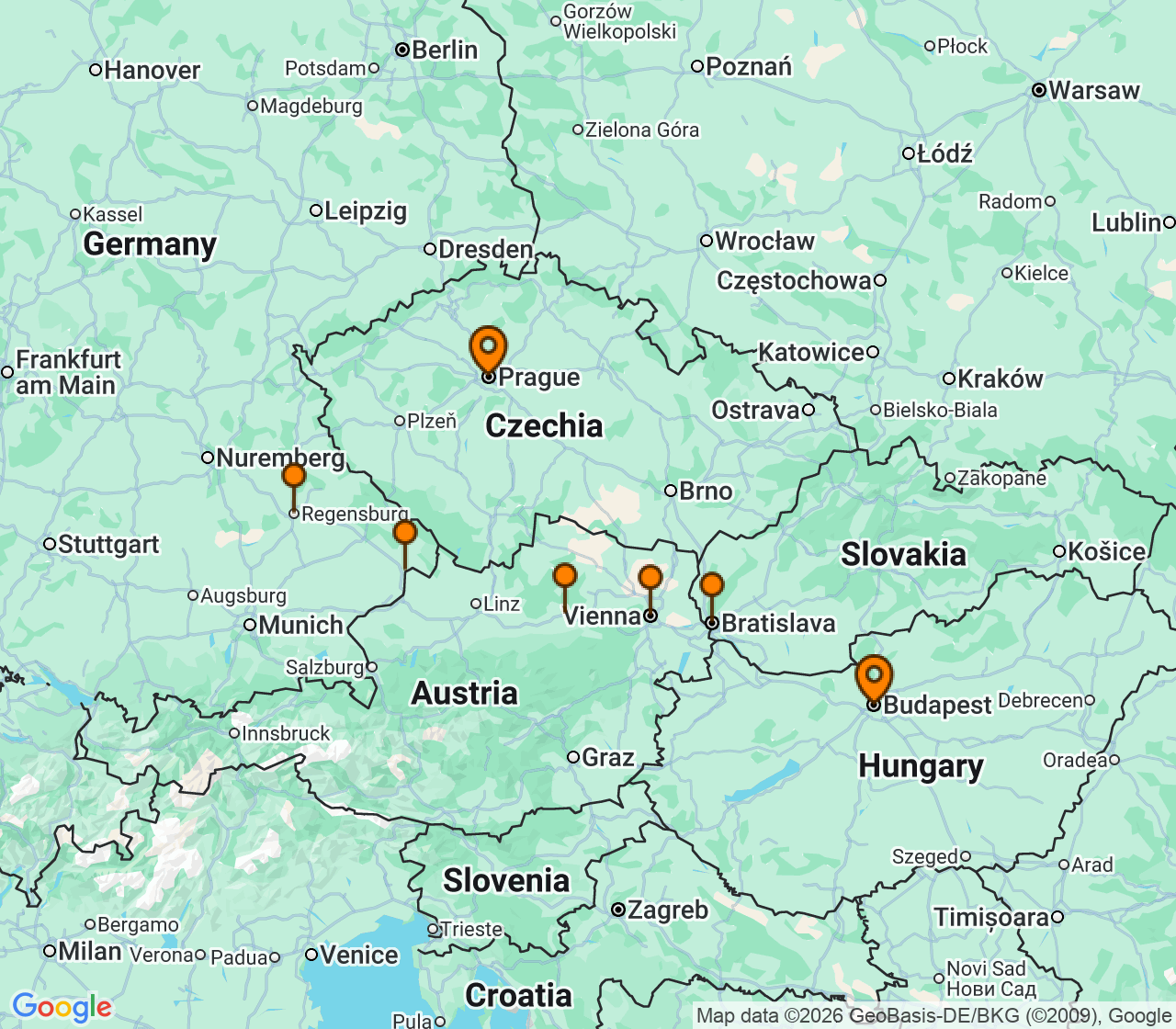 Harta itinerariu Croaziera 2027 - Europa de Nord (Praga, Republica Ceha) - Uniworld River Cruises - S.S. Marlene - 9 nopti