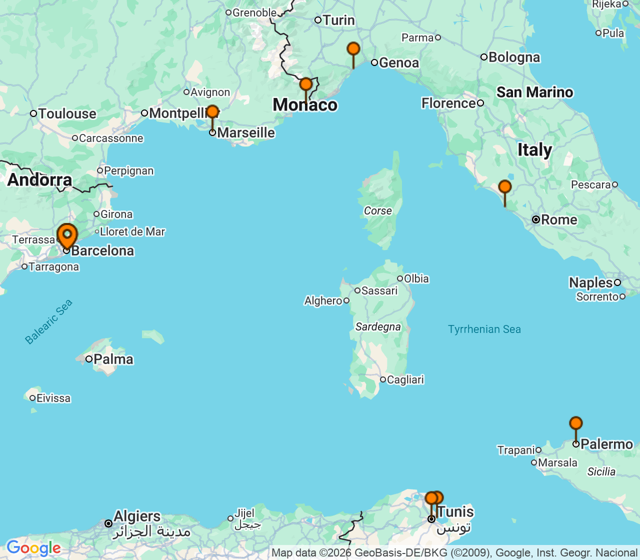 Harta itinerariu Croaziera 2027 - Mediterana (Barcelona, Spania) - Costa Cruises - Costa Toscana - 7 nopti