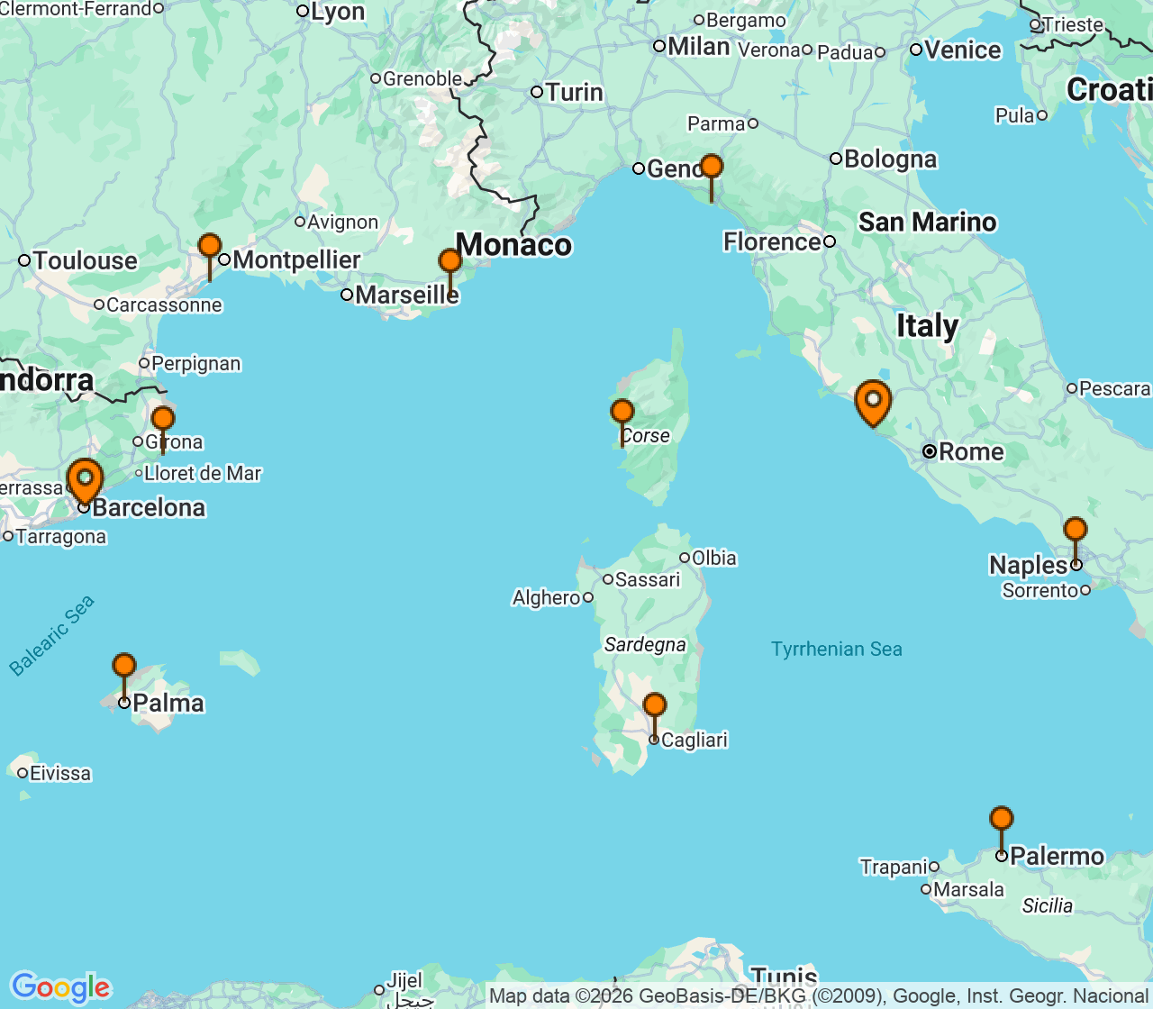 Harta itinerariu Croaziera 2028 - Mediterana (Roma (Civitavecchia), Italia) - Regent Seven Seas Cruises - Seven Seas Voyager - 12 nopti