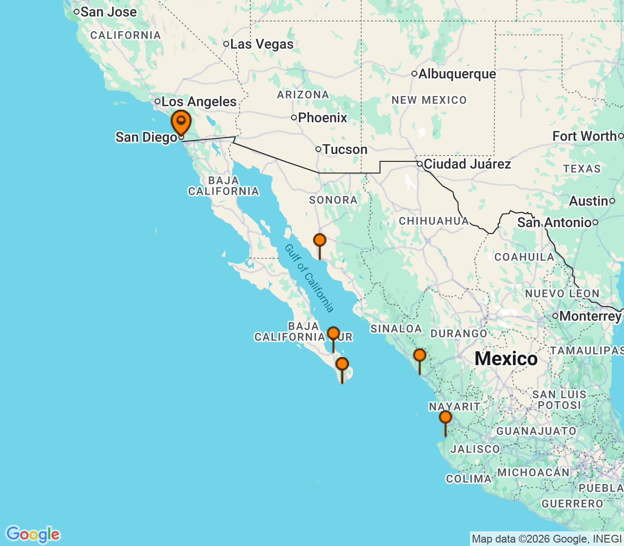 Harta itinerariu Croaziera 2026 - California si Riviera Mexicana (San Diego, CA) - Holland America Line - Koningsdam - 14 nopti